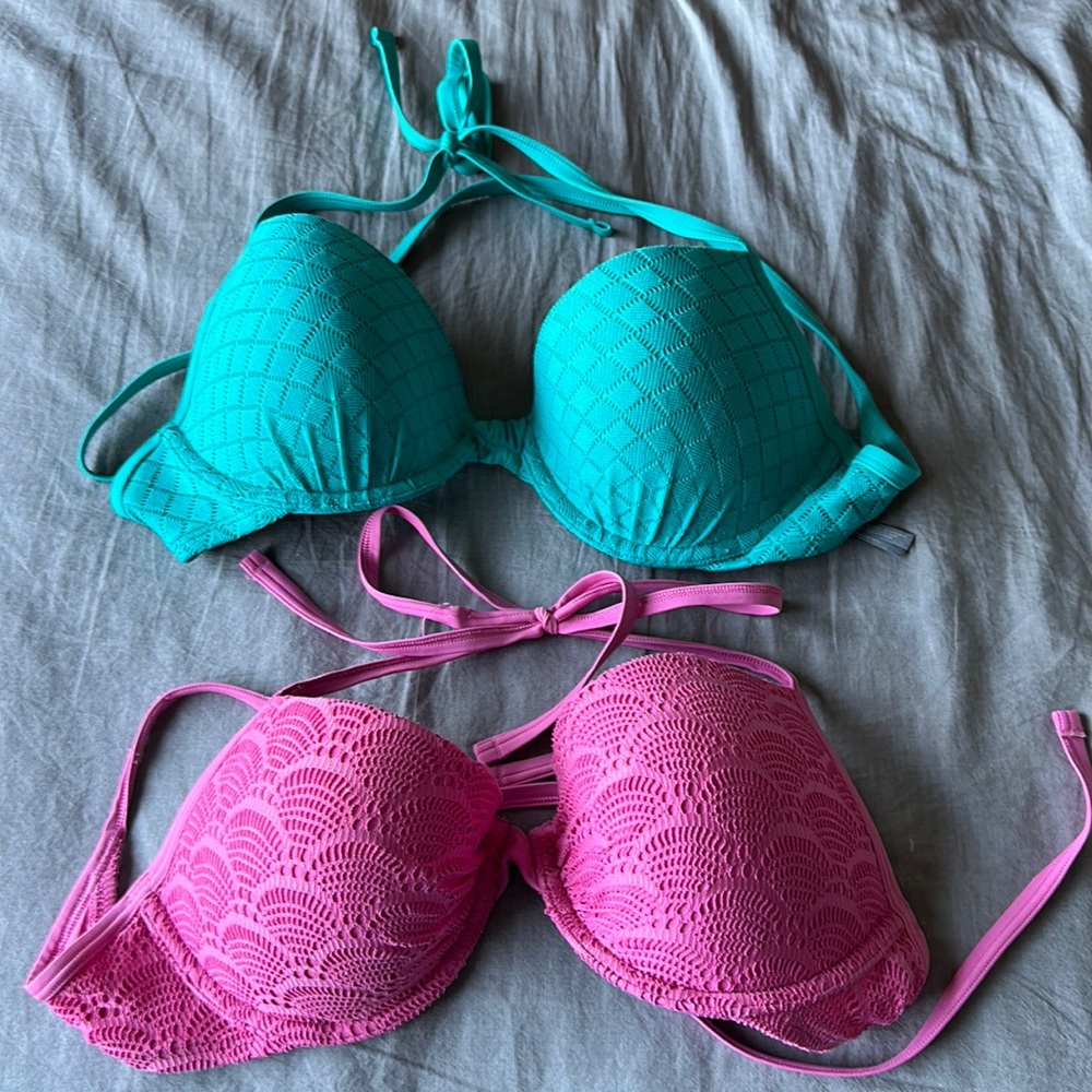 Set of two Aerie swim suit tops, size 34D, pink, and teal swimsuit bras